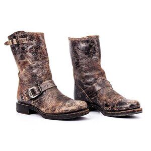 Frye Women Veronica Slouch Distress Brown Leather Biker Buckle Boots sz 7